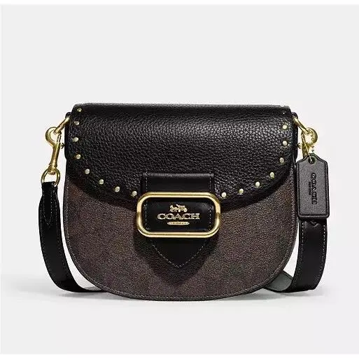 Coach Morgan Saddle Bag In Colorblock Brown Black Gold Rivets CE567