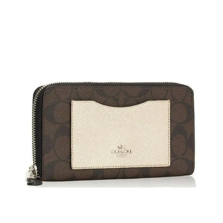 22712 Dark Brown Platinum Gold Metallic Colorblock Accordion Zip Wallet NW by Coach