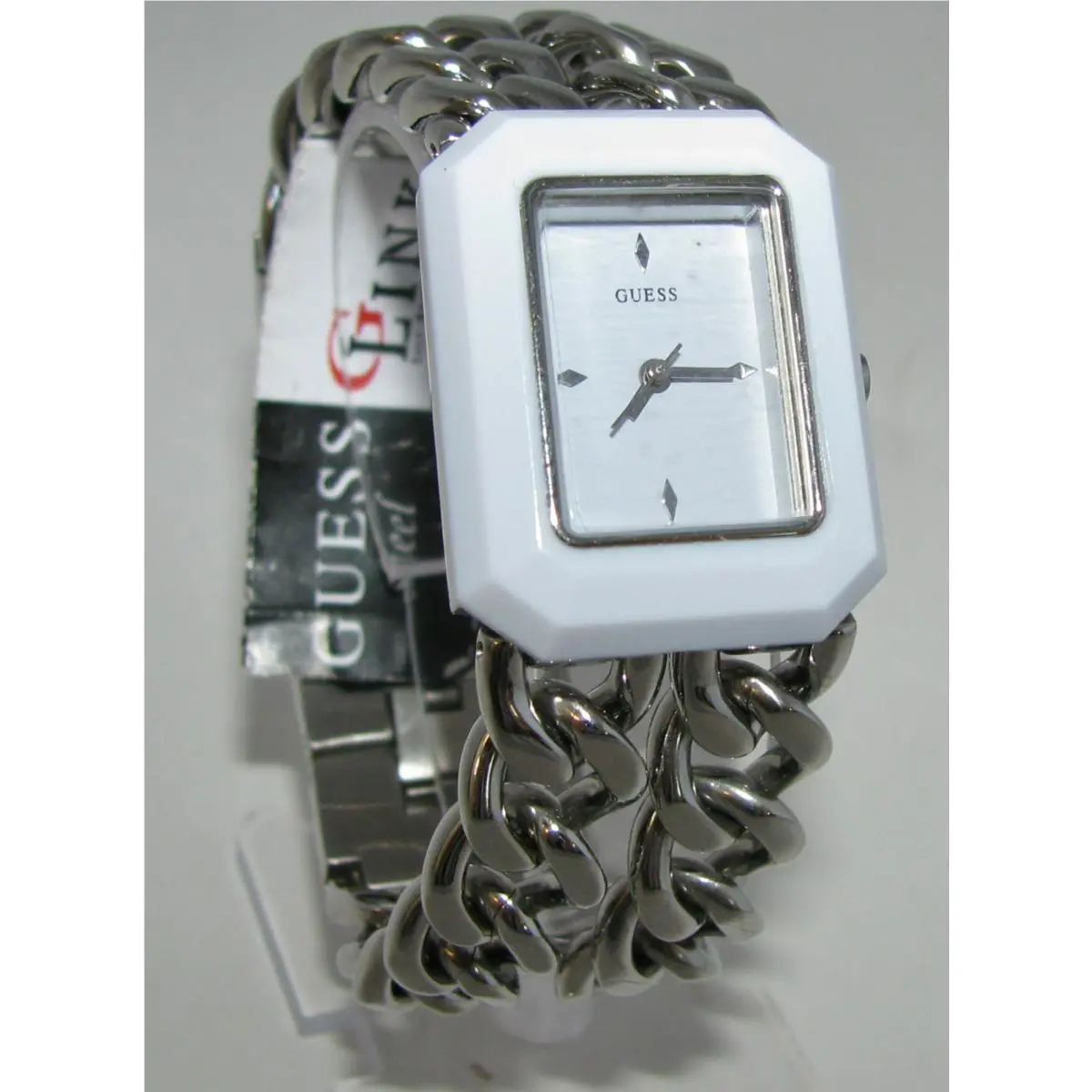Guess Silver Tone Link Chain Bracelet+white Surrounded Dial WATCH-W95131L1