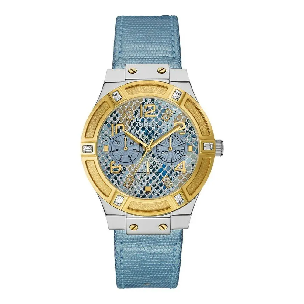 Guess Women`s Jet Setter Watch Light Blue Leather Dial Strap W0289L2