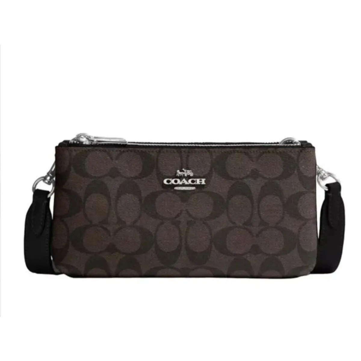 Coach CJ790 Signature Double Zip Crossbody Shoulder Bag Purse - Brown Black