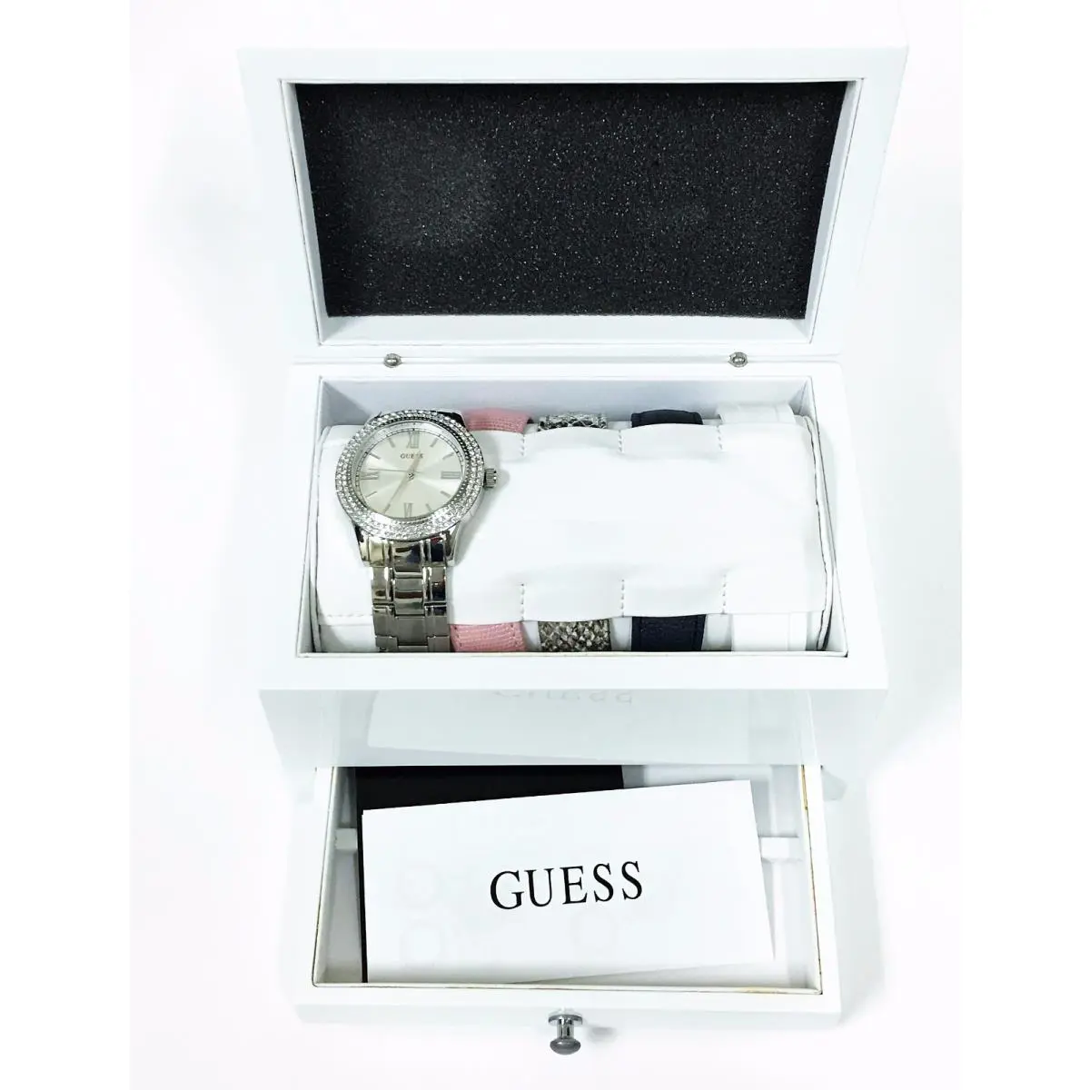 Guess Silver Tone White Black Silver Pink Leather Bands Watch Set W0713L1