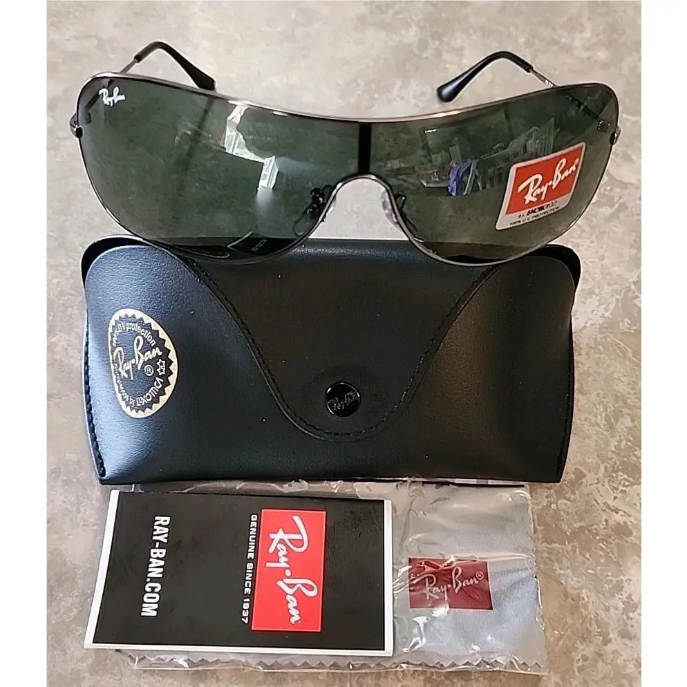 Ray Ban Highstreet Chrome Metal Shield Green Lens Sunglass RB3211 004/71
