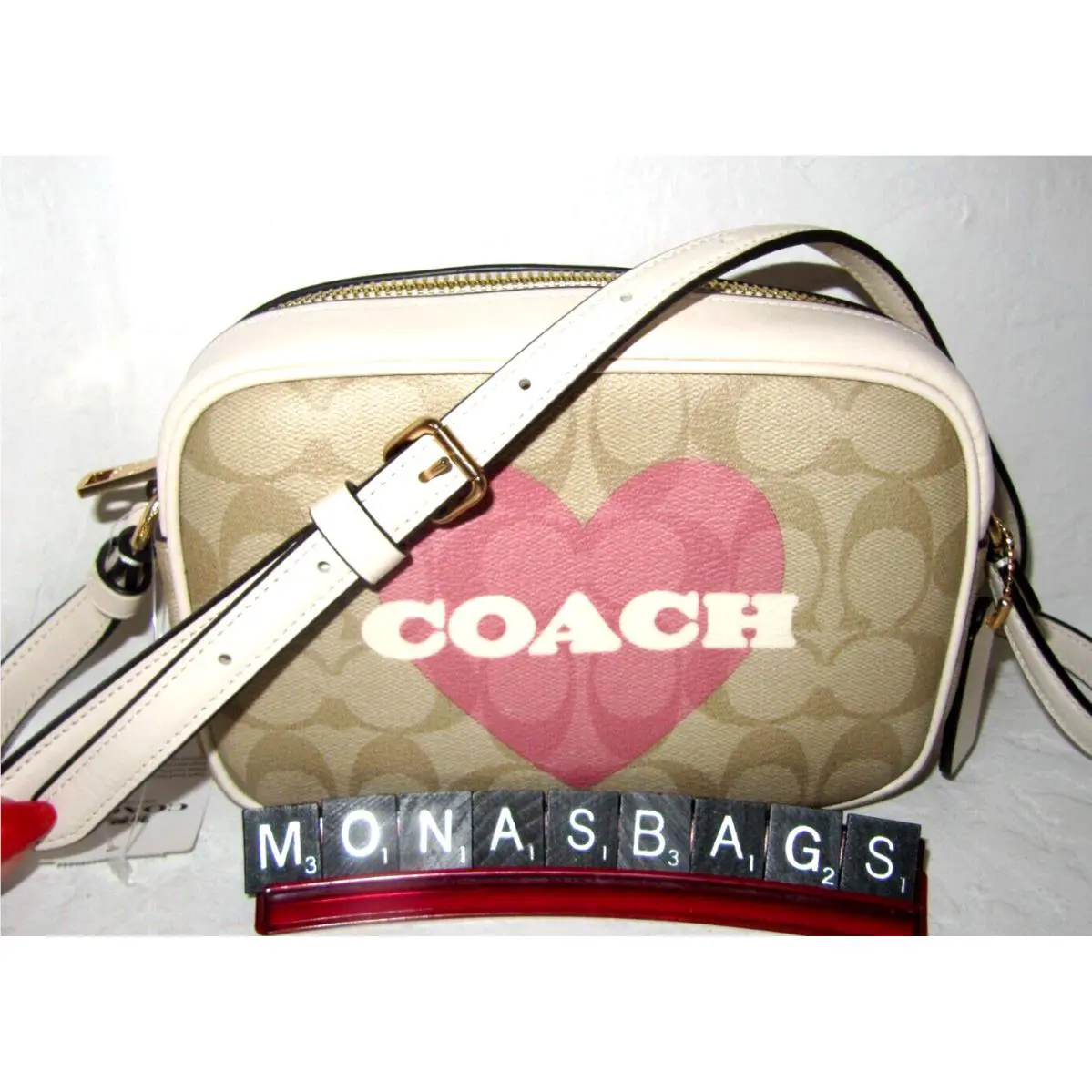 CO939 Mini Jamie Camera Bag Signature Canvas Pink Heart Print by Coach