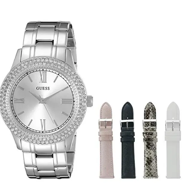 5pc Set Silver Tone Watch Bezel 39mm Interchangeable Band Ladies U0713L1 by Guess