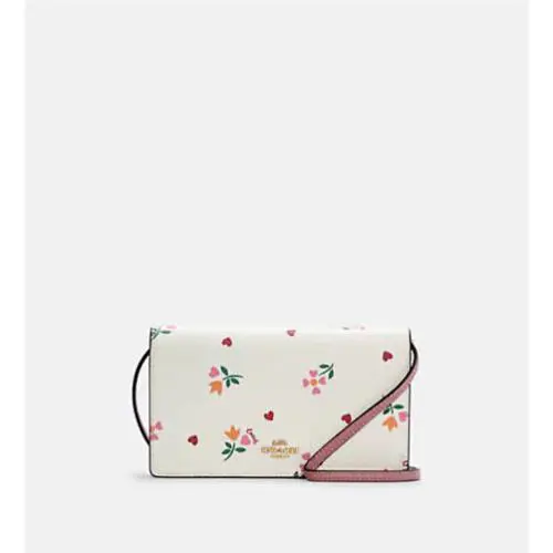 Coach Women Anna Gold/chalk Multi Heart Petal Foldover Crossbody Clutch C7657