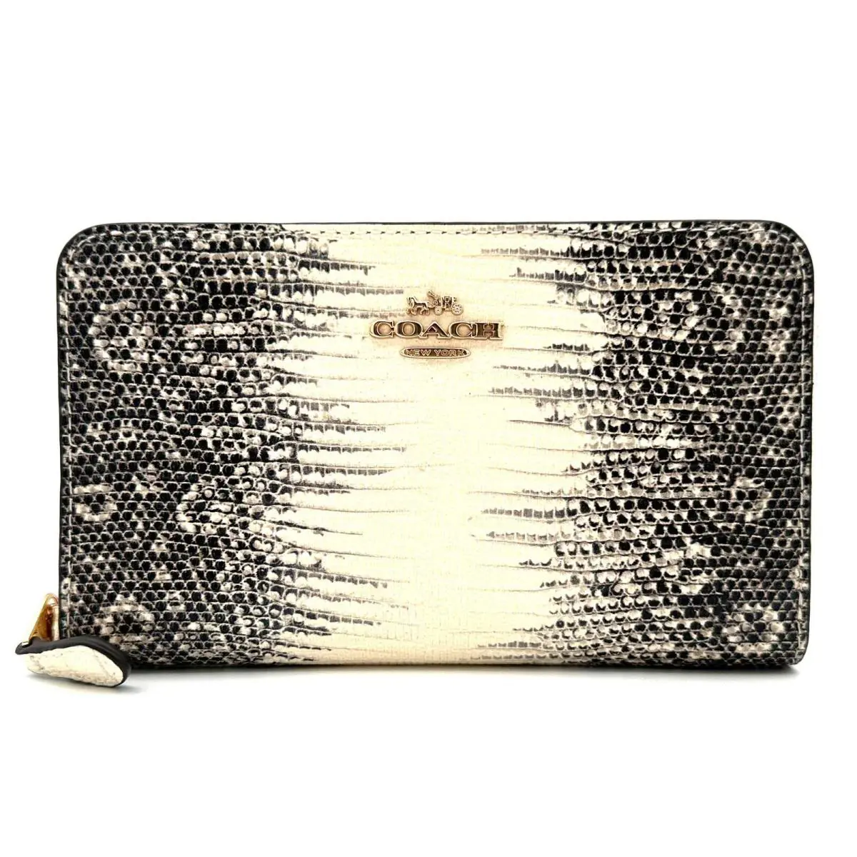 Coach Medium Id Zip Wallet in Lizard-embossed Black White Leather CS591