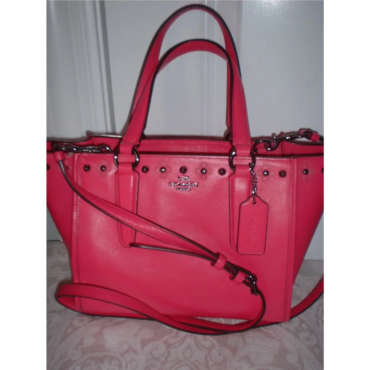 Coach Floral Rivet Detail Leather Mini Crossbody Handbag Satchel 37707 Dahlia