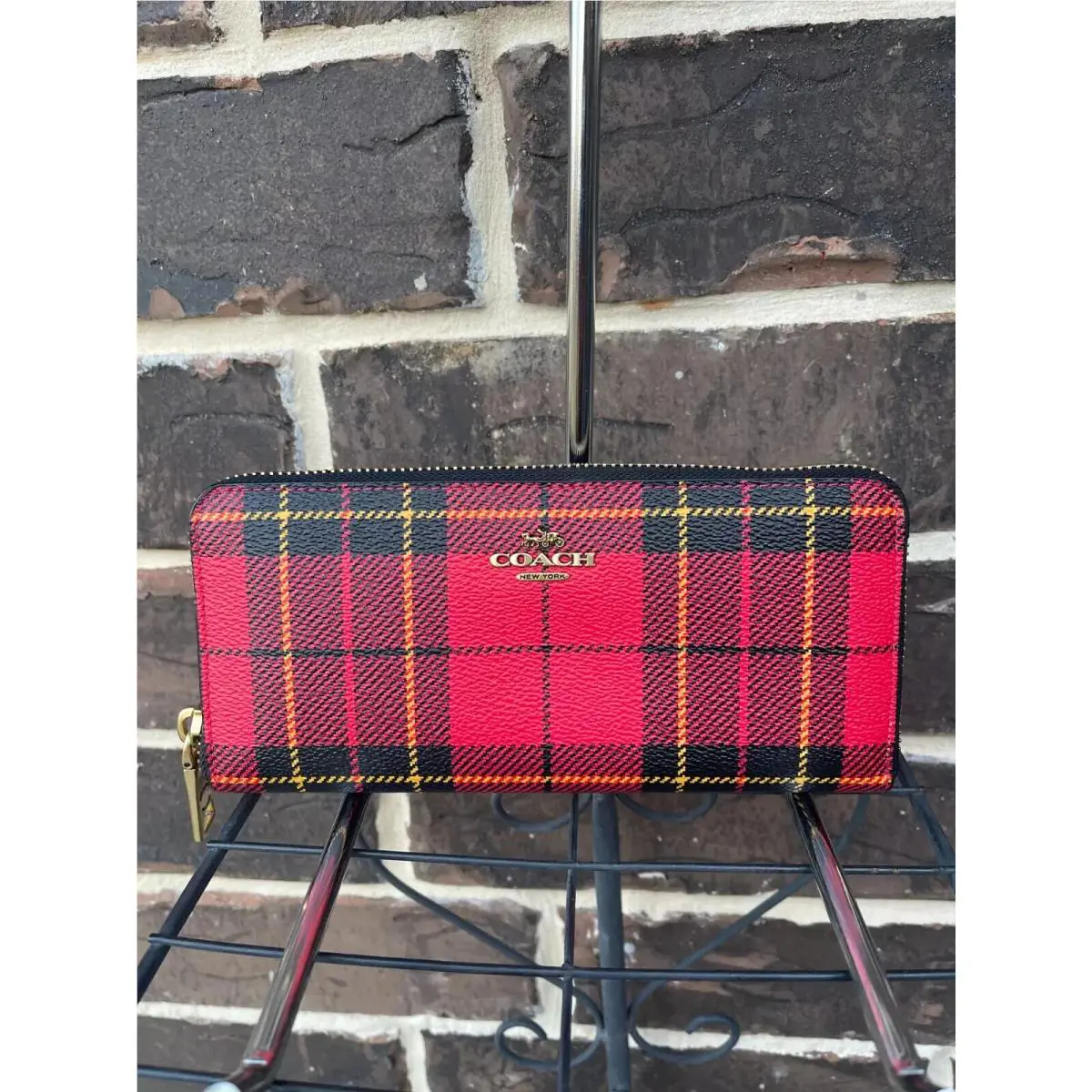 Coach CF238 BP Plaid Slim Accordion Zip Around Wallet Red Black Multi