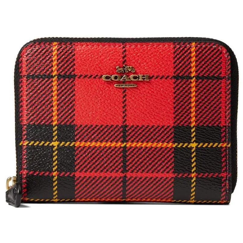 in Gift Box Coach Canvas Plaid Print Slim Accordion Zip Red Multi Sm Wallet - Hardware: Gold, Exterior: Bright Red
