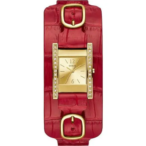 Guess Classic Red Leather Gold Tone Rectangle Women`s Cuff Watch U1136L5