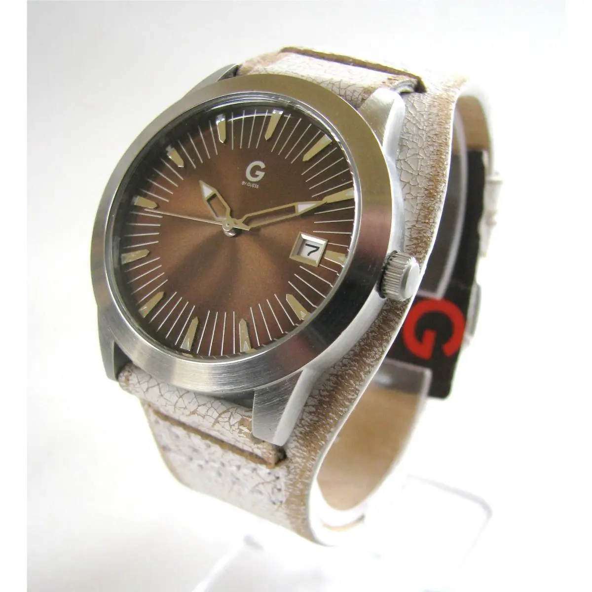 G BY  Aged White Leather Strap/cuff+brown Dial Unisex WATCH-G59022G3 by Guess
