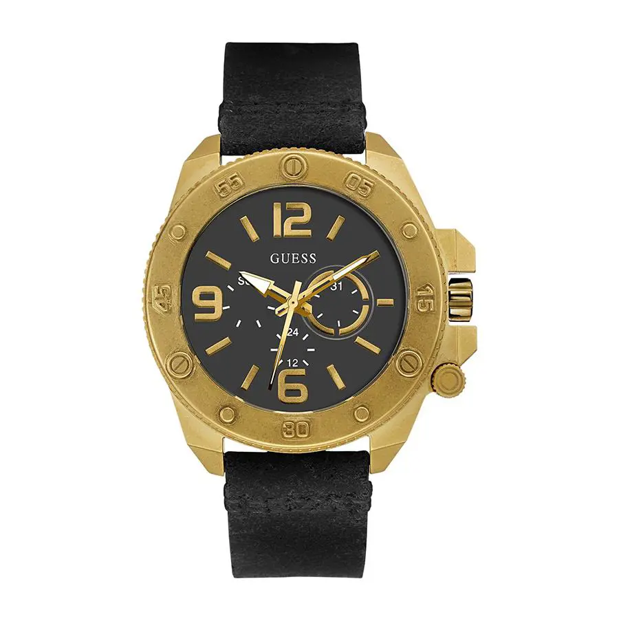 Guess Brass Gold Black Leather Band Multifunction Large Watch U0659G2