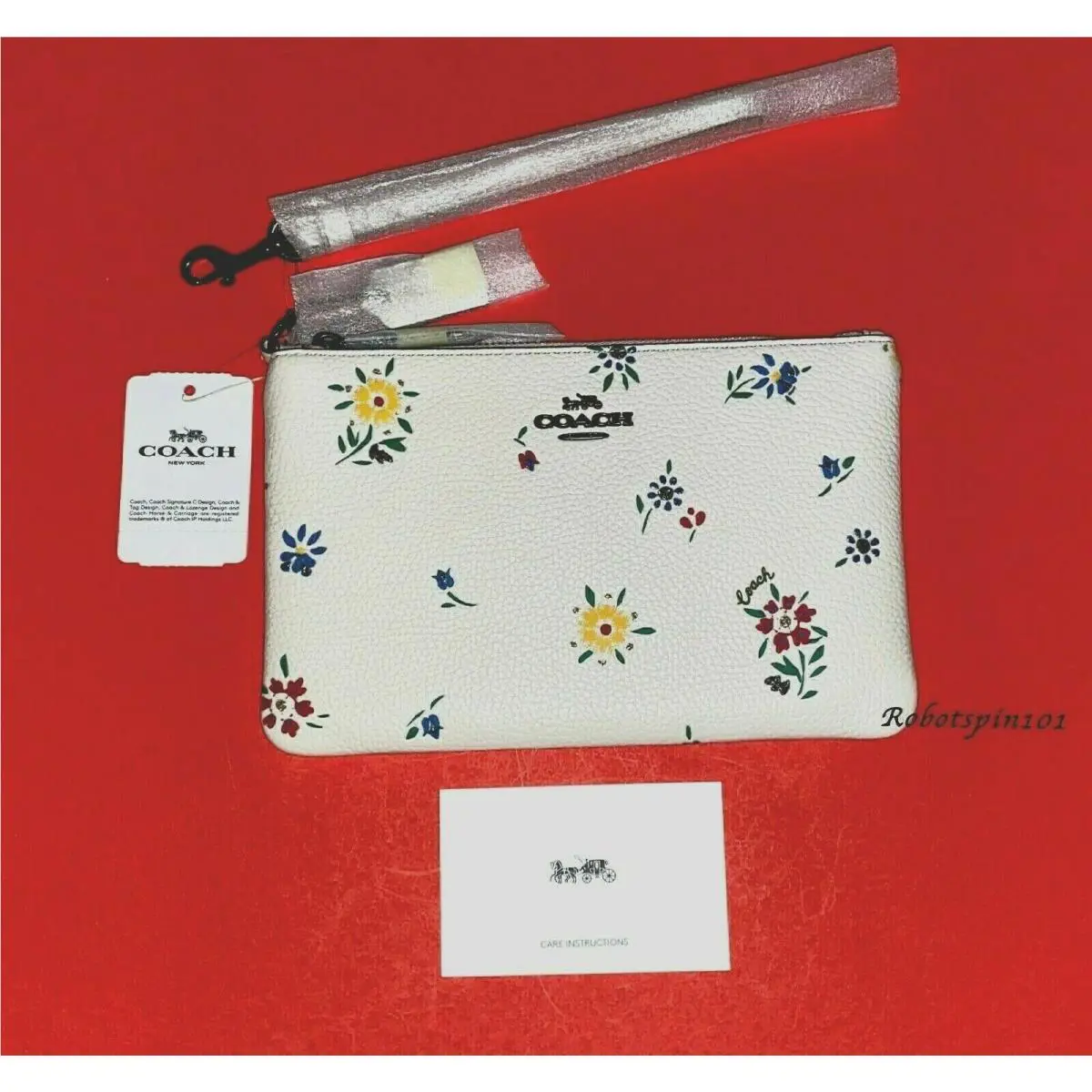 Coach Small Leather Wristlet w/ Wildflower Glitter Floral Print Chalk White