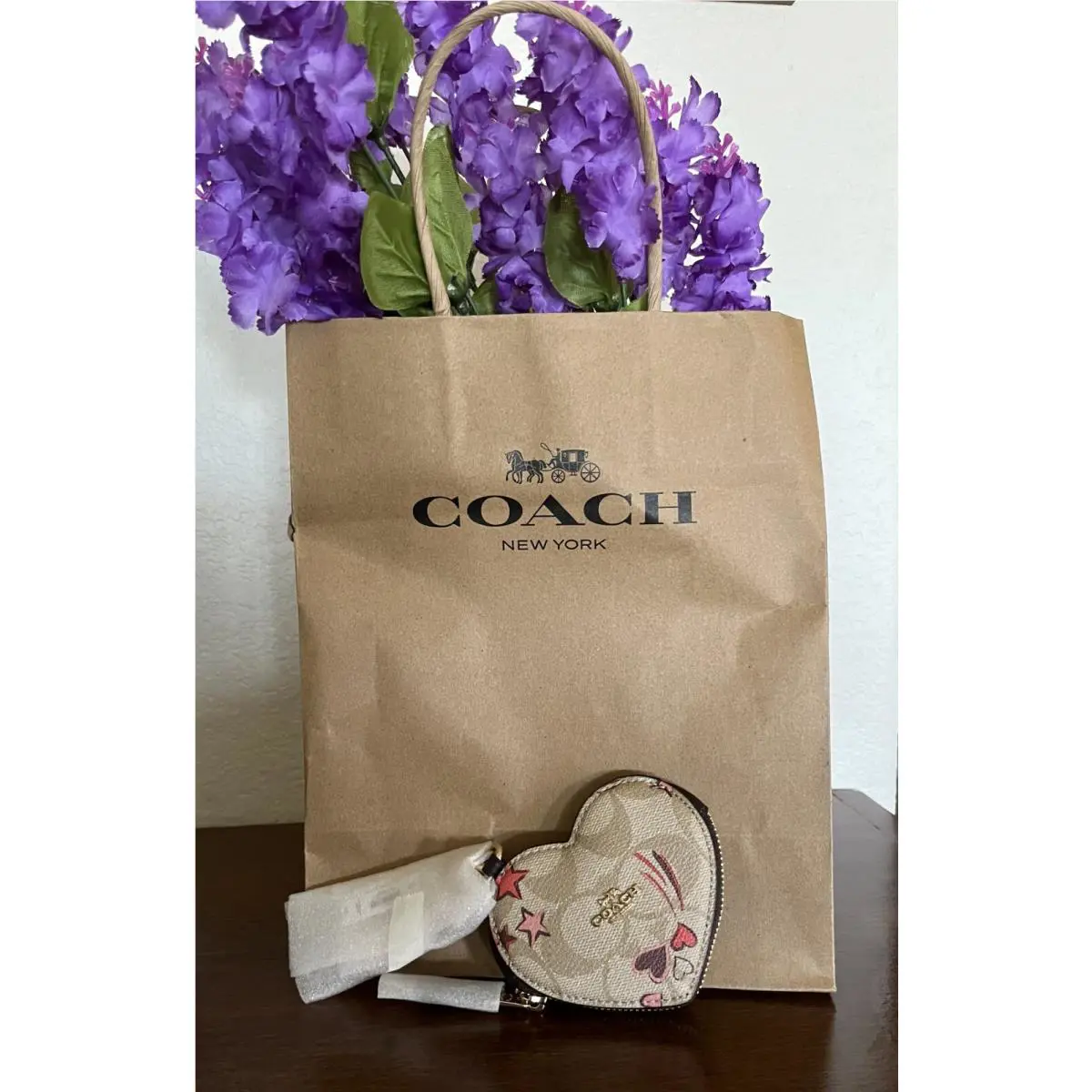 Coach Heart Pouch Bag Charm Signature Canvas Heart Star Print Khaki