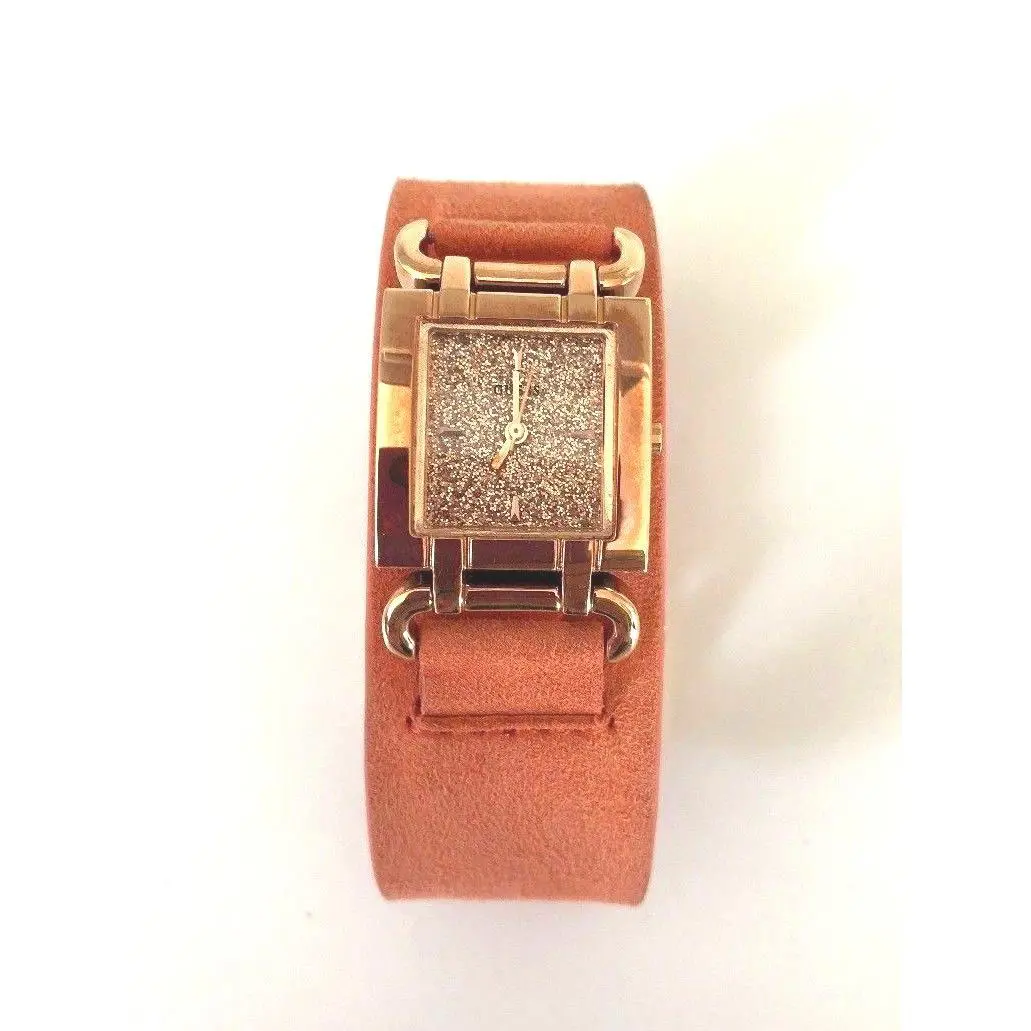 Guess Rose Gold Tone Orange Suede Leather Band Cuff Glitz Dial Watch U0153L3