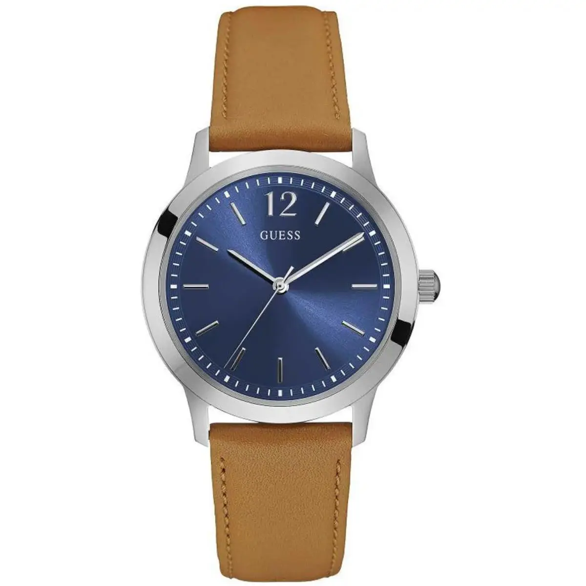 Guess Men`s Watch Exchange Quartz SS Case Blue Dial Brown Leather Strap W0922G8