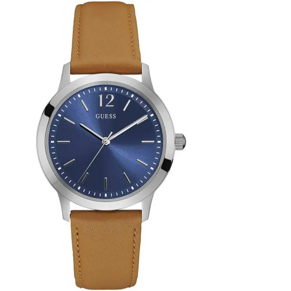 Guess Men`s Watch Exchange Quartz SS Case Blue Dial Brown Leather Strap W0922G8
