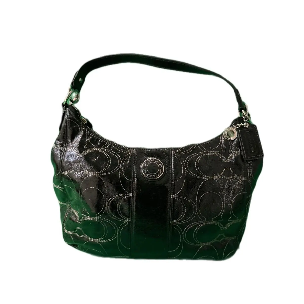 Coach Black Patent Leather Monogram Stitched Hobo Shoulder Bag F19282