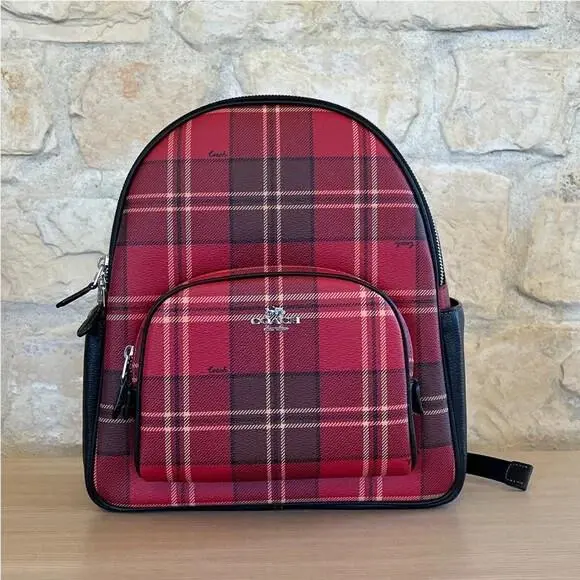 Coach CC145 Women`s Court Backpack with Tartan Plaid Print Red Black Multi