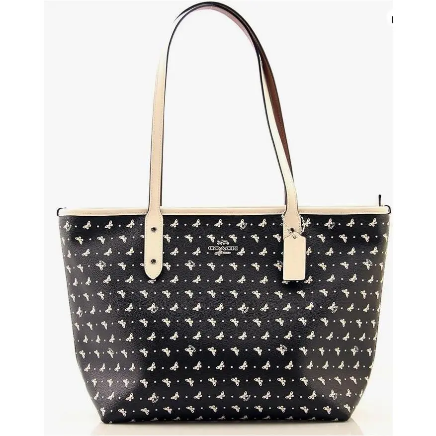 Coach Butterfly Dot Print City Top Zip Carry All Tote Black/chalk