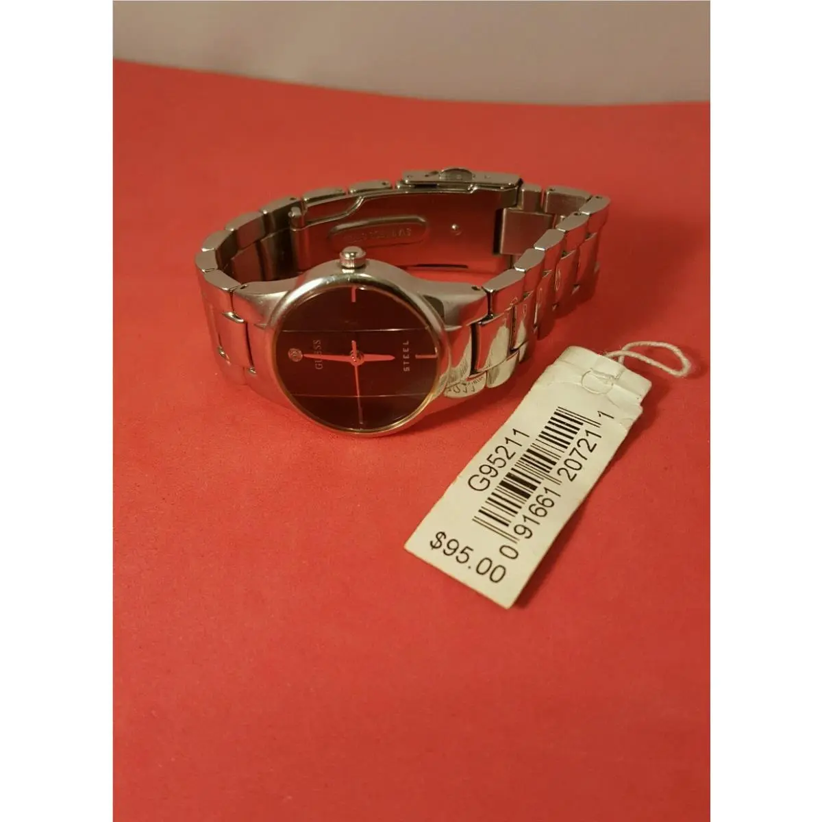 Guess Ladies Black Face W/1 Diamond. Steel Band W/ Expansion Links New/ Working