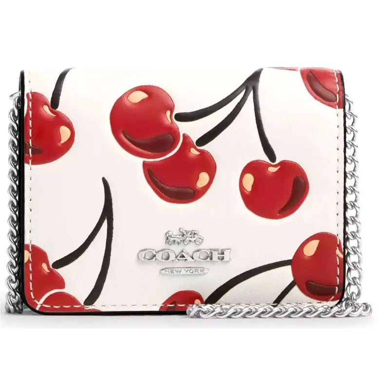 Coach Mini Wallet On a Chain - CZ759 Chalk Canvas-leather W/cherry Print
