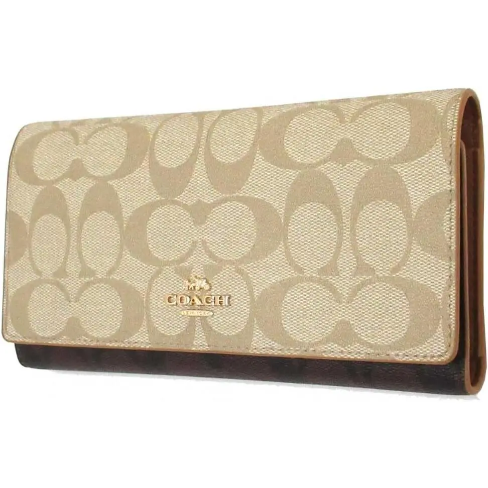 Coach Slim Trifold Signature Coated Canvas Wallet Im/lt Khaki/brown Multi