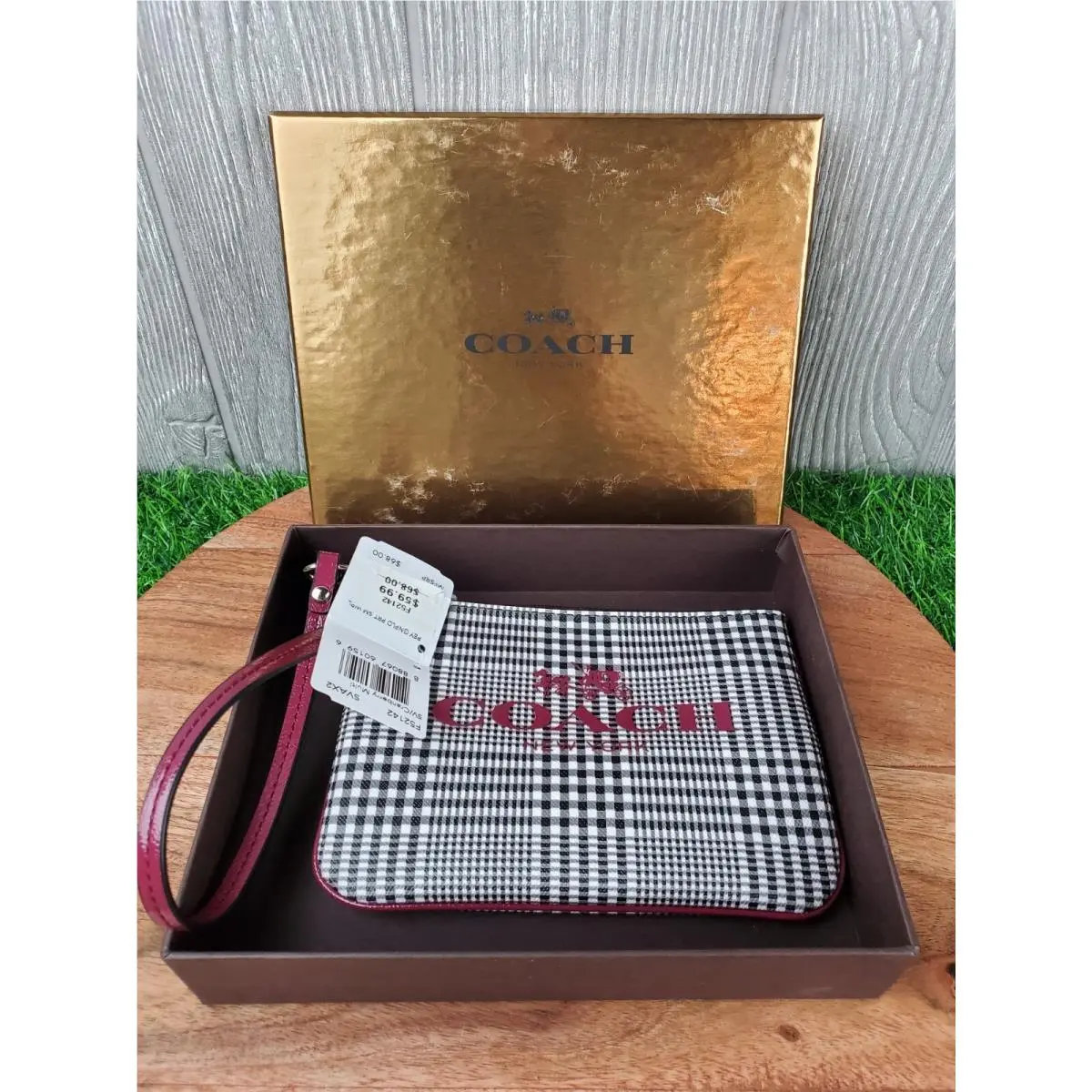 Coach Peyton Glen Plaid Print Small Wristlet F52142 Silver/cranberry