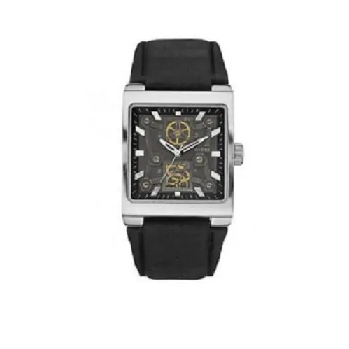Guess Men Black Leather Watch Layer Skeleton Dial WATCH-U90023G1