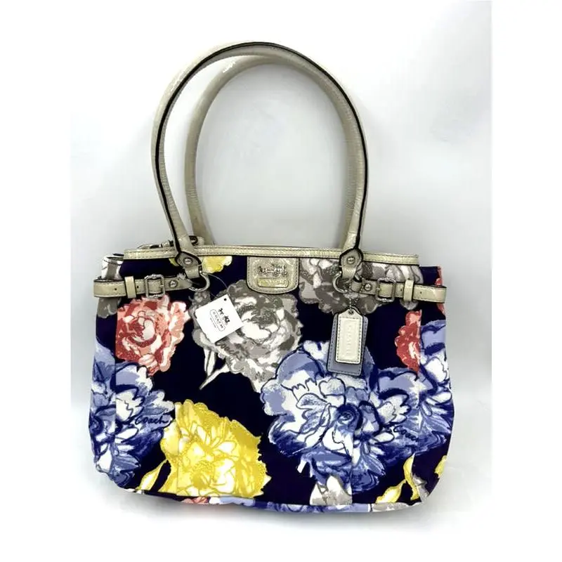 Coach Madison Kara Blue Floral Shoulder Bag Caryall Purse with Dustbag