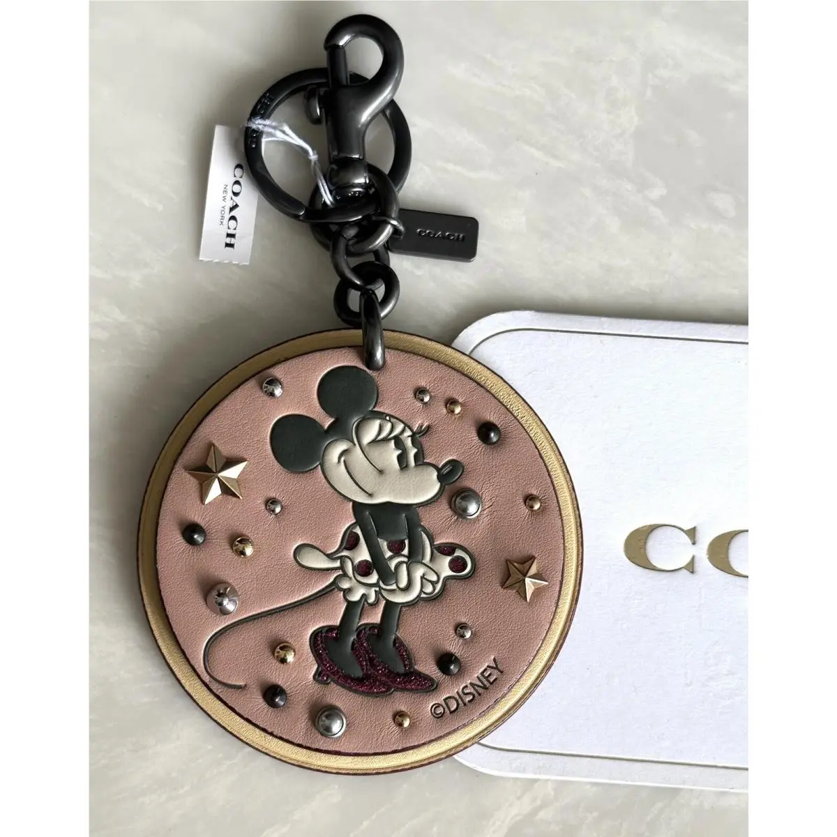 Disney X Coach Minnie Mouse Large Round Rivet/stud Bag Charm Key Ring 27697