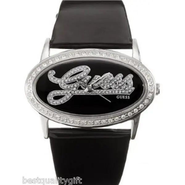 Guess Black Patent Leather Strap+crystal Surrounded Silver Oval DIAL-W85029L1