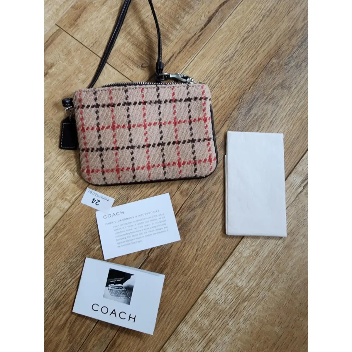 Vintage Coach Plaid Brown Red Wool Leather Zip Wristlet Wallet