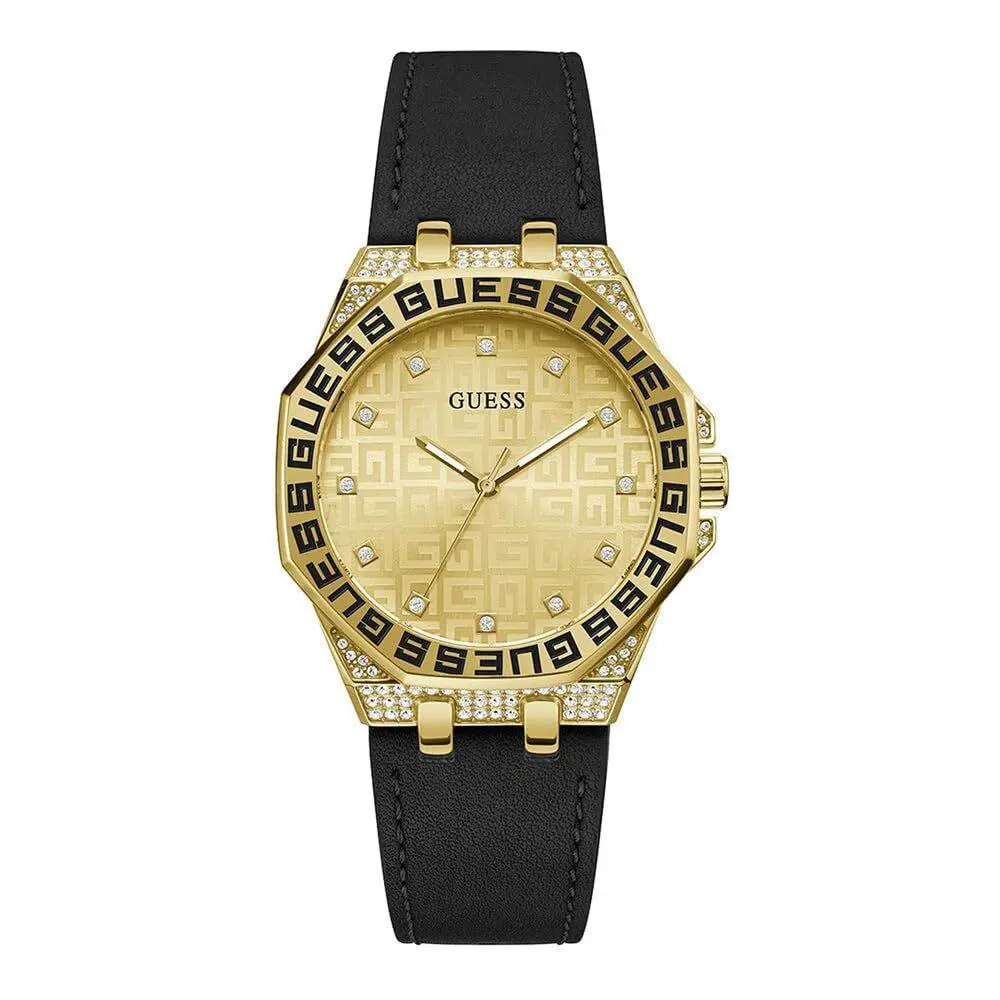 Guess Ladies 38mm Watch - Black Strap Champagne Dial Gold Tone Case