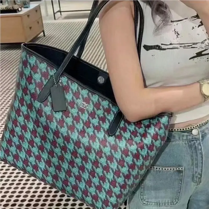 Coach CJ626 Silver/teal/wine City Tote with Houndstooth Print