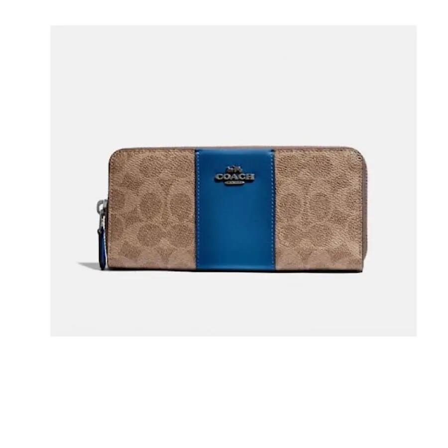Coach Slim Accordion Zip Wallet Colorblock Signature Canvas Tan Dark Denim