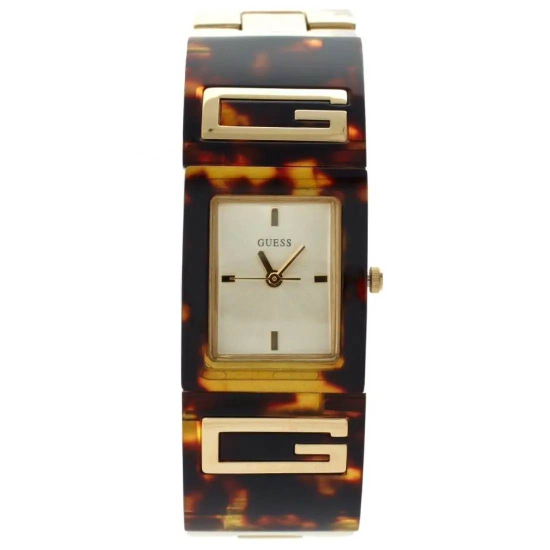 New-guess Gold Tone S/steel+acrylic Tortoise Shell Bracelet Cuff Watch W12107L1