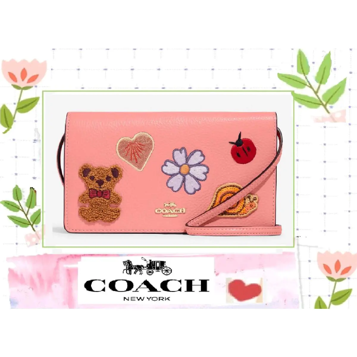 Anna CC469 Foldover Clutch Crossbody with Creature Patches Candy Pink by Coach