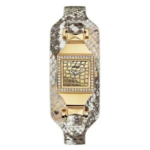 New-guess Gold Tan Python Leather Embossed Cuff Band Glitz WATCH-U0225L2