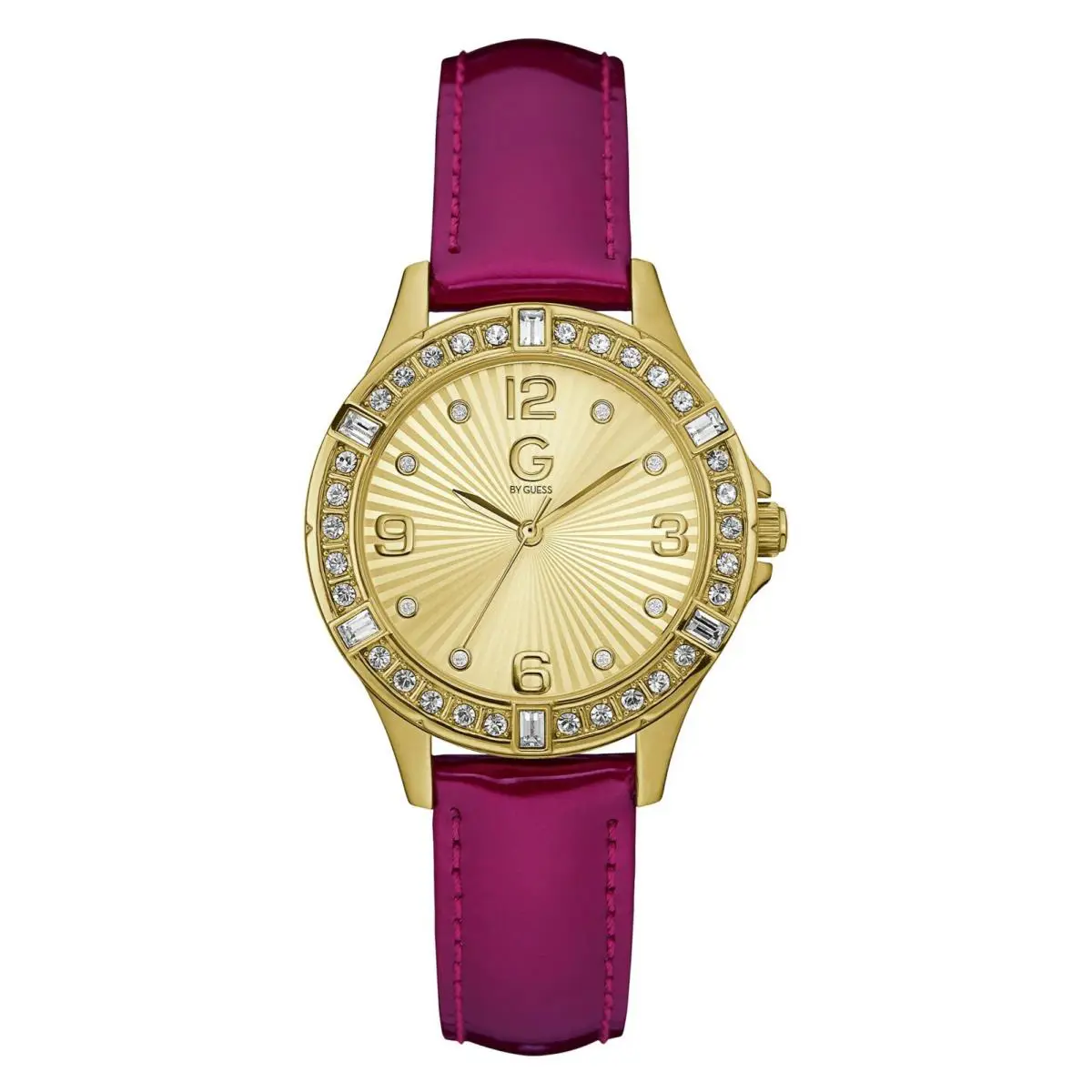G BY Guess Gold Tone Crystals Magenta Wine Patent Leather Band Watch G74050L1