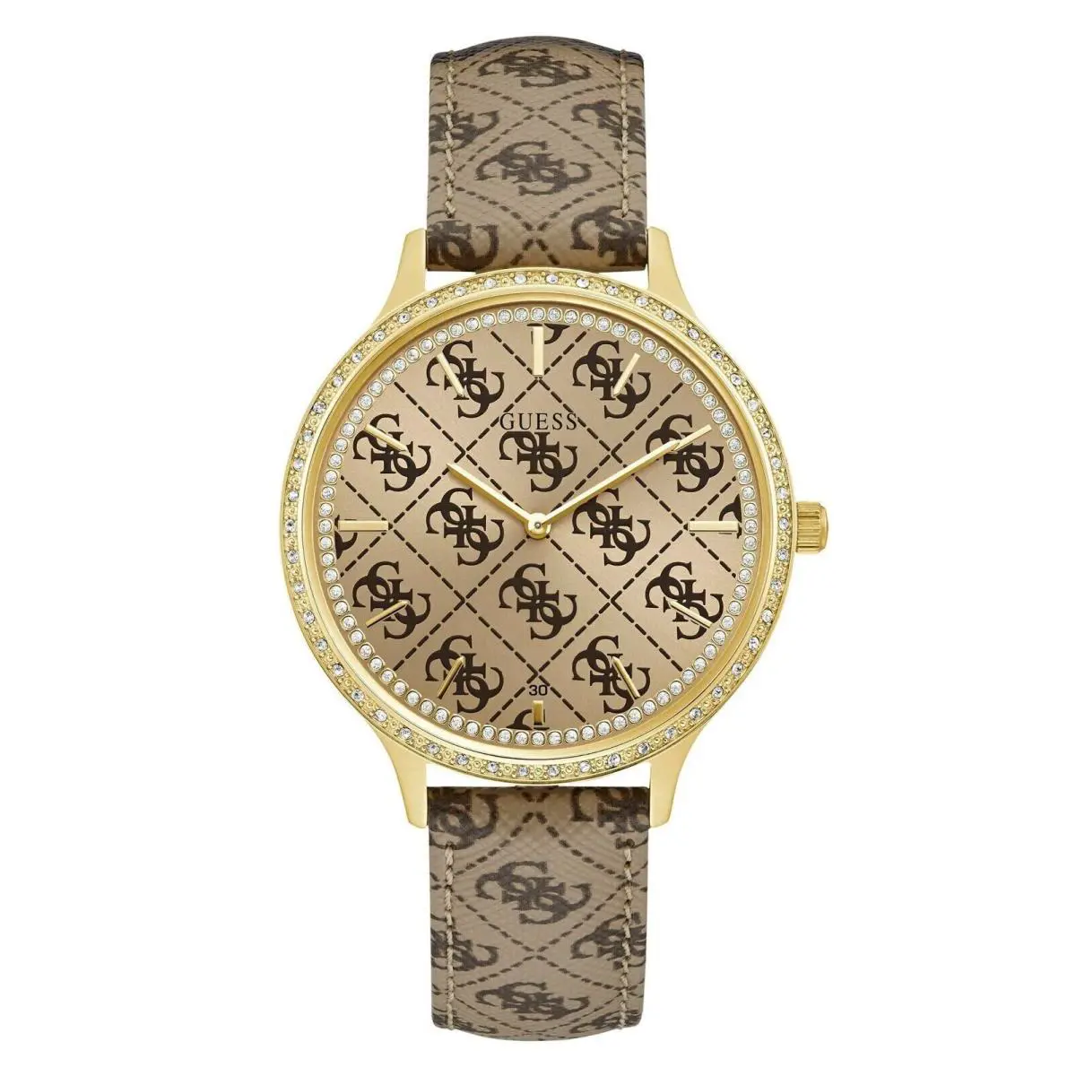 Guess Gold-tone Brown Leather Crystal Logo Embossed Watch U1229L2