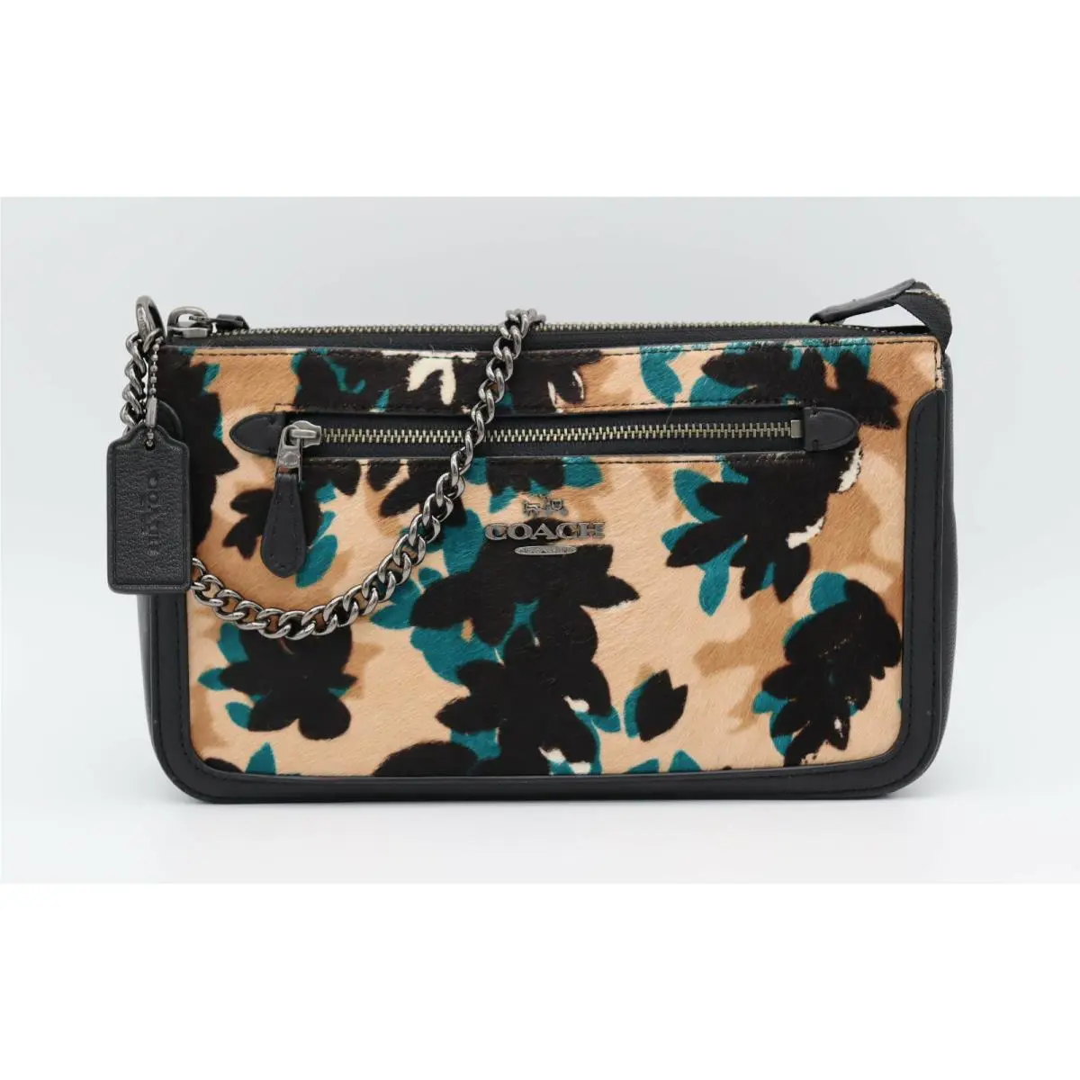Coach Nolita Leaf Print Purse Calf Hair Teal Walnut Chain Wristlet 58412