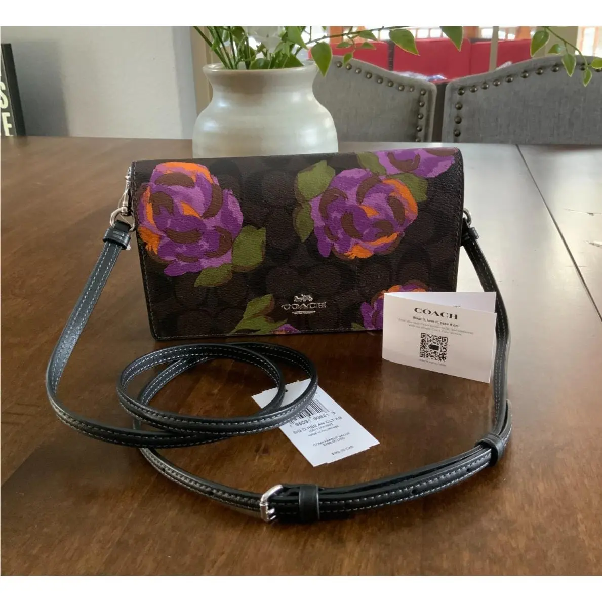 Coach Anna Foldover Clutch Crossbody In Signature Canvas with Rose Print CL658