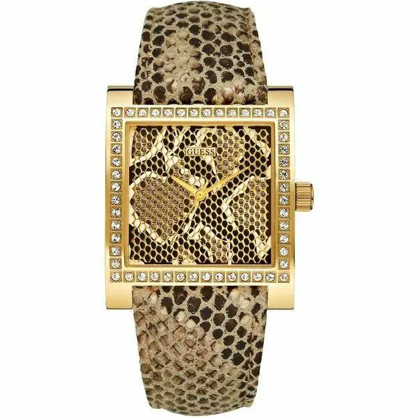 Guess Gold Metallic Brown Python Sanke Print Leather Crystals Watch U95158L1