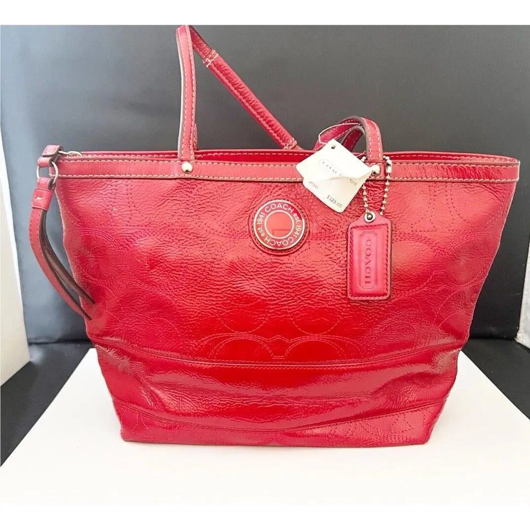 Coach Bag Red Leather Letter C Embossed Logo Signature Handtags
