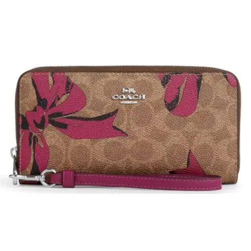 Coach Long Zip Around Wallet - CZ326 Signature Canvas W/pink Bow Print