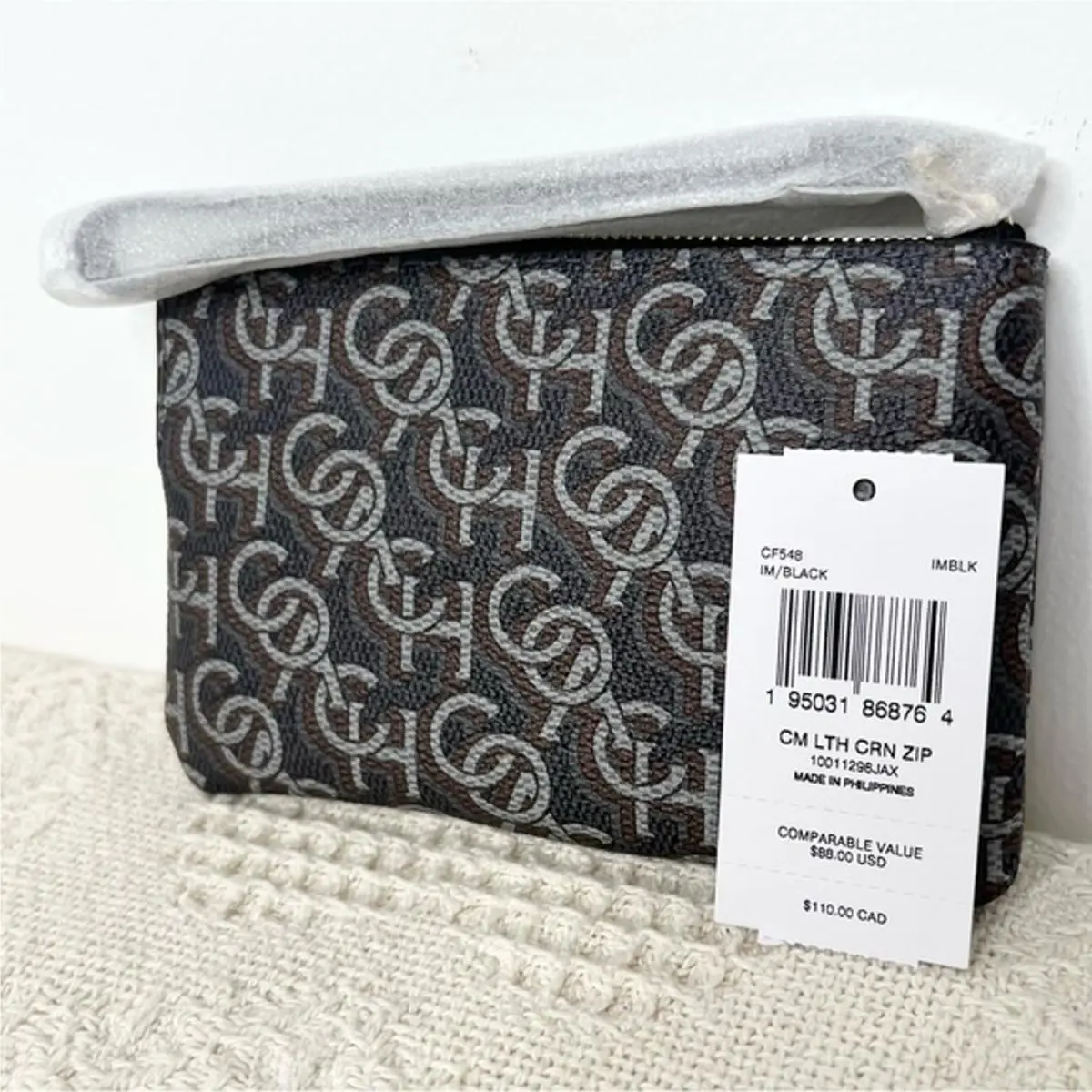 Coach Corner Zip Wristlet CF458 Black Monogram Print Coated Canvas Pouch Bag