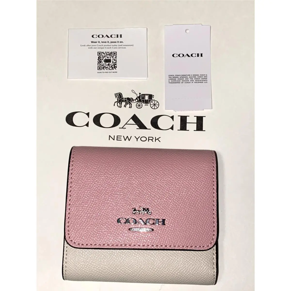 Coach Colorblock Small Trifold Wallet Leather ID Card Case Chalk Powder Pink