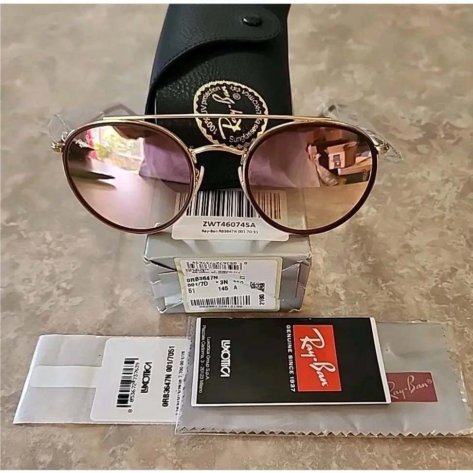 Ray-ban Round Double Bridge RB3647N 001/70 Arista Pink Mirror Sunglasses 51MM